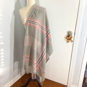NWT JIN PING WOMAN ONE SIZE 100% CASHMERE SCARF SHAWL PLAID GREY PINK